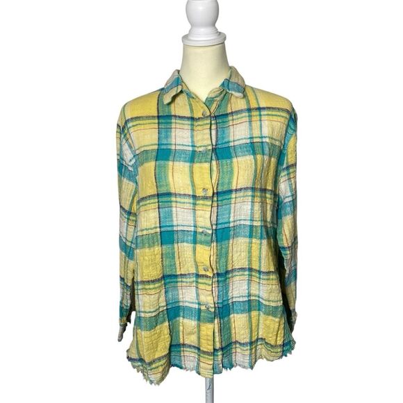 La Miel Plaid Button Front Long Sleeve Frayed Hem Flannel Women's Size L - Picture 1 of 16